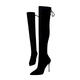 Frauen 10.5CM Spitz Stiletto Stretch Wildleder Kniehohe Winterstiefel Schnürstiefeletten mit hohem Absatz (36EU,Schwarz dünn)