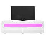 SUNXURY TV Board Weiss Hochglanz mit RGB LED-Beleuchtung,Schrank Weiß,TV Lowboard 155 x 40 x 45 cm(B/T/H)