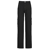 Damen Gewaschene Patchwork Jeans Mittlere Taille Weites Bein Gerade Distressed Hosen Retro Elegant Baggy Hip Hop Denim Hosen Streetwear Casual Einfarbig Cargohosen mit Multi Taschen,Schwarz,S