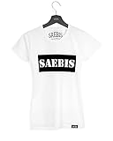 SAEBIS Damen T-Shirt tailliert - 100% Baumwolle - weiß/schwarz (Black Box, XS)