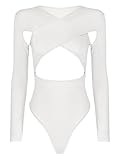 TiaoBug Damen Langarm Body Cut-Outs Wickelshirt und Ouvert Slip mit Knopfleiste Ballettanzug Ballett Trikot Gymnastikanzug Weiß M