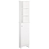 HOMCOM Badezimmerschrank mit höhenverstellbarem Regal Badmöbel mit Lamellentür Badezimmer-Hochschrank MDF Spanplatte Weiß 34 x 20 x 165