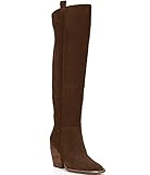 Ermonn Damen Winterstiefel aus Velourslederimitat, breite Wade, über dem Knie, seitlicher Reißverschluss, klobiger Absatz, Stretch, Oberschenkelhoch, coffee, 37.5 EU