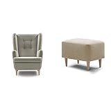 Traumnacht bequemer und moderner Ohrensessel Vincent mit Holzfüßen in grau + Traumnacht bequemer und moderner Fusshocker mit Holzfüßen in Beig