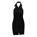 CHUNSE Figurbetontes Kleid für Damen, einfarbig, sexy, rückenfrei, ärmellos, einreihig, Cardigan, Tasche, Hüftrock, Schwarz , S