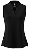 AjezMax Damen Tennis Golf Poloshirt Ärmellos Lauftop Atmungsaktiv Fitness Sport Tank Top mit V-Ausschnitt Schwarz Larg