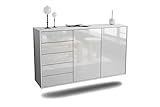 Kommode Sideboard hängend - Saarbrücken - Korpus Weiss matt - Front Hochglanz Design Weiß- (136x77x35cm) - Push to Open Technik & hochwertigen Leichtlaufschienen - Made in Germany