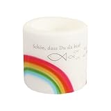 Serviettenshop Kerze rund Rainbow Fishes bunt | Kommunion ,Konfirmation, Taufe für Mädchen und Jungen mit Regenbogen und Fische | Schön DASS du da bist | Ø 8cm | Höhe 7,5