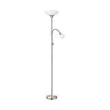 EGLO Stehlampe Up 2, 2 flammige Stehleuchte, Standleuchte aus Metall, Glas, Wohnzimmerlampe in Nickel-Matt, Weiß, Lampe mit Schalter, Deckenfluter mit Leselampe, E27, E14