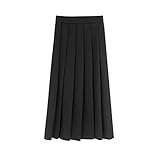 YUGH Faltenrock, Damen Sommer Midi Rock Schwarz Fester Anzug Stoff Seitenreißverschlüsse Hinten Elastische Hohe Taille A-Linie Faltenrock Strand College Lässiger Bürorock,L