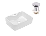 VBChome Waschbecken 48 x 37 cm Keramik Weiß Oval Pop-up ventil Click-Clack Waschtisch Handwaschbecken Aufsatzwaschbecken Waschschale Gäste WC