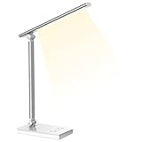 Schreibtischlampe LED, 5 Lichtfarben 10 Helligkeitsstufen dimmbar, MAHAND 10W Tischlampe dimmbar Augenschutz Tischleuchte, Memory und Timingfunktion Faltbar Lesen Touchscreen, 2 USB