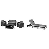 Allibert by Keter Modena Gartenmöbel Set aus Kunststoff, inkl. Sitzkissen, grau, 4-teilig, 2 Sessel, Sofa & Tisch & Daytona Sonnenliege mit verstellbarem Kopfteil für Garten, grau, 195 x 65 x 22