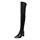 Damen Oberschenkelhohe Overknee Stiefel Metall Dekoration Square Toe Modische Winterstiefel Seitlicher Reißverschluss Pu-Leder Stiefel mit klobigem Ab