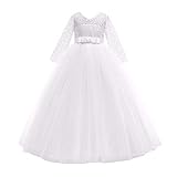 wojonifuiliy Mädchen Prinzessin Kleid Weiss Tüll Spitze Kleider Baby Tüllkleid Kinder Fünf-Punkte Langarm Bestickte Schleife Formale Blumenmädchen Rock Festzug Ballkleid Hochzeit Tutu Kleidung