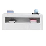 EBTOOLS TV-Schrank mit LED-Leuchten, Hochglanz-Eckschrank, moderner Tisch mit LED-Licht und Fernbedienung, TV-Schrank mit 2 Schubladen und offener Ablage, 120 x 35 x 45 cm, Weiß