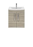 nuie Athena Modernes Badezimmer-Waschkommode mit 2 sanft schließenden Türen, geschwungenes Keramik-Waschbecken mit 30 mm Profil, 500 mm, Holzmaserung, Treibholz-B