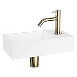 Differnz Solid Waschbecken - Waschtisch Weiß Solid Surface - Geschwungene Armatur Matt Gold - Komplettset - 36 x 18,5 x 9