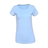 Liking Damen T-Shirt Baumwolle Kurzarm Basic Sommer Rundhals T-Shirts Oberteile Top Bluse Hellblau 6101-QBU-L-1