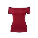 TBVIANE Schulterfreies Top Damen Langarm Baumwolle T-Shirt Casual Slim Frauen T Shirt Sexy T Shirt Schwarz, Weinrot kurz, Larg