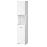 Badezimmerschrank Hochschrank Highboard mit 2 Türen 1 Schublade 1 offene Regal freistehend für Bad Wohnzimmer Küche Weiß 37x30,3x180,3