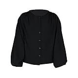 Voracale Bluse für Damen, einfarbig, mit langen Ärmeln, Laternen, Herbst, V-Ausschnitt, sexy, für Mädchen, Damen, kurzärmelig, schmal, Schwarz , Larg