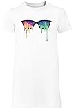 Melting Rainbow Sunglasses Damen T-Shirt Kleid Lang Weißer Rundhals Leichtes Lässiges Kurzarm Women's White Crew Neck Casual Short S