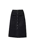 KHIMYUK Hohe Taille Jeansröcke Frauen Midi A Linie Denim Rock Vintage Schwarz Koreanisch Herbst Streetwear, Schwarz , 44