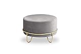 LIFA LIVING Runder Samt Pouf für den Innenbereich, Grauer Samt Hocker mit Goldener Metallbasis, Sitzhocker Couchtisch Beistelltisch, max. 100 kg, 35 x Ø 55