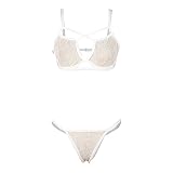 Erotische Dessous Damen Spitze Perspektive Korsett Oberteile Sexy Bustier mit Kreuzriemen Unterwäsche mit Spaghettiträgern Zweiteilige Reizwäsche BH+Einfarbiger Tanga Nachtwäsche Schlafanzug