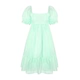 Damen-Sommerkleid, kurze Puffärmel, quadratischer Ausschnitt, A-Linie, Mini-Kleid, schwingend, plissiert, Midi-Kleid, Green-a, M