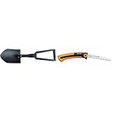 Fiskars Klappspaten für Camper und Bergsteiger, Auch als Schaufel und Hacke einsetzbar, 59 cm & Handsäge für frisches Holz, Grobzahnung, Sägeblattlänge: 16 cm, Einziehbar, Schwarz/Orang