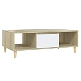 UnfadeMemory Couchtisch Wohnzimmertisch Kaffeetisch mit Ablageflächen Wohnraum Beistelltisch Spanplatte Tischplatte und Massives Eukalyptusholz-Beinen 103,5x60x35 cm (Weiß/Sonoma-Eiche)