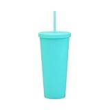 LIAZNGNA Strohhalmbecher, doppelwandig, Plastikbecher mit Strohhalm für Halloween, Fassungsvermögen: 601-700 ml, Farbe: Qingbi-N