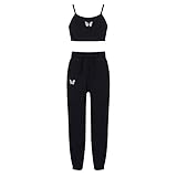 iiniim Mädchen Sport Kleidung Set Jogginganzug Schmetterling Druck Crop Top Oberteile mit Fitness Hose Jogger Tanz Yoga Training Schwarz 158-164