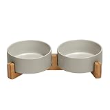 SPUNKYJUNKY Keramik Doppel Hund Futternapf mit Bambus Ständer für Katzen und Hunde (400ml, 2-Grau)