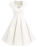 bbonlinedress 1950er Vintage Retro Cocktailkleid Rockabilly V-Ausschnitt Faltenrock White (Creme) XS