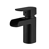 BESy Schwarze Wasserfall-Auslauf Badezimmer-Mischbatterie, Einhebel-Waschbecken-Wasserhahn, Waschtisch-Armaturen mit Zuleitungen, Messing