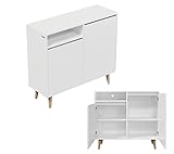 Kommode Sideboard 100 cm breit TV-Kommode Beistellschrank mit 2 Türen und Offenes Regal in Skandinavische Stil (Holz Füße 16 cm, Weiß, 100 cm breit)