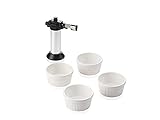 Leifheit Crème-Brûlée-Set, 4 hochwertige und feuerfeste weiße Keramikschälchen, spülmaschinengeeignet, inklusive Flambierer, einfach und sicher zu bedienender Gasbrenner, Geschenk