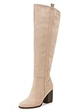 Ermonn Damen Winterstiefel aus Velourslederimitat, breite Wade, über dem Knie, seitlicher Reißverschluss, klobiger Absatz, Stretch, Oberschenkelhoch, beige, 36 EU