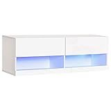 HOMCOM TV Board Fernsehtisch Hängeboard mit bunter LED-Beleuchtung 16 Blinkmodi Wandmontierter TV Schrank Kommode mit Schubladen und Offene Regale MDF in Hochglanz Weiß 120 x 35 x 40,5