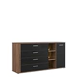 FORTE Lombardo Kommode mit 2 Türen und 4 Schubkästen, Holzwerkstoff, Columbia Nussbaum / Schwarz Hochglanz, 66,5 x 83,1 x 162,6