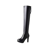 Hohe Stiefel für Damen Winterstiefel tragen widerstandsfähige runde Zehe Mode Chunky Heel Pu-Leder Oberschenkel hohe Overknee-S