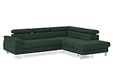 Mivano Ecksofa Micky mit Ottomane / L-Form-Sofa mit Schlaffunktion, Stauraum und Kopfteilverstellung / 249 x 72 x 207 / Velours, Grü