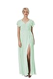 Atlxdres V-Ausschnitt Lang Abendkleid Falten Flattern Kurze Ärmel Chiffon Brautjungfernkleider mit Schlüsselloch Zurück und Vorderer Schlitz Salbeigrü
