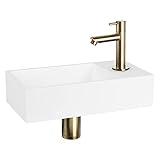 Differnz Solid Waschbecken - Waschtisch Weiß Solid Surface - Gerade Armatur Matt Gold - Komplettset - 36 x 18,5 x 9