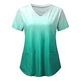 Kasack Damen Pflege Bunt Motiv Bluse T-Shirt Schlupfkasack mit Taschen Kurzarm V-Neck Schlupfhemd Berufskleidung Krankenpfleger Uniformen Tops Op-Kleidung