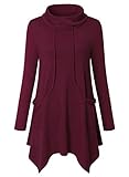 Amrto Damen Bluse Turtleneck Asymmetrische Saum Langarm Tops Lange Hemd Pullover Tunika mit Taschen, Wein XXL