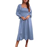 Herbst Und Winter Casual Fashion Damenkleid Mit Quadratischem Kragen Einfarbig Horn LangäRmeliges Kleid Mittellang A-Linie Big Swing Loose Dress W